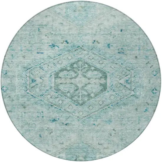 8' Aqua And Teal Blue Round Medallion Washable Indoor Outdoor Area Rug Photo 3