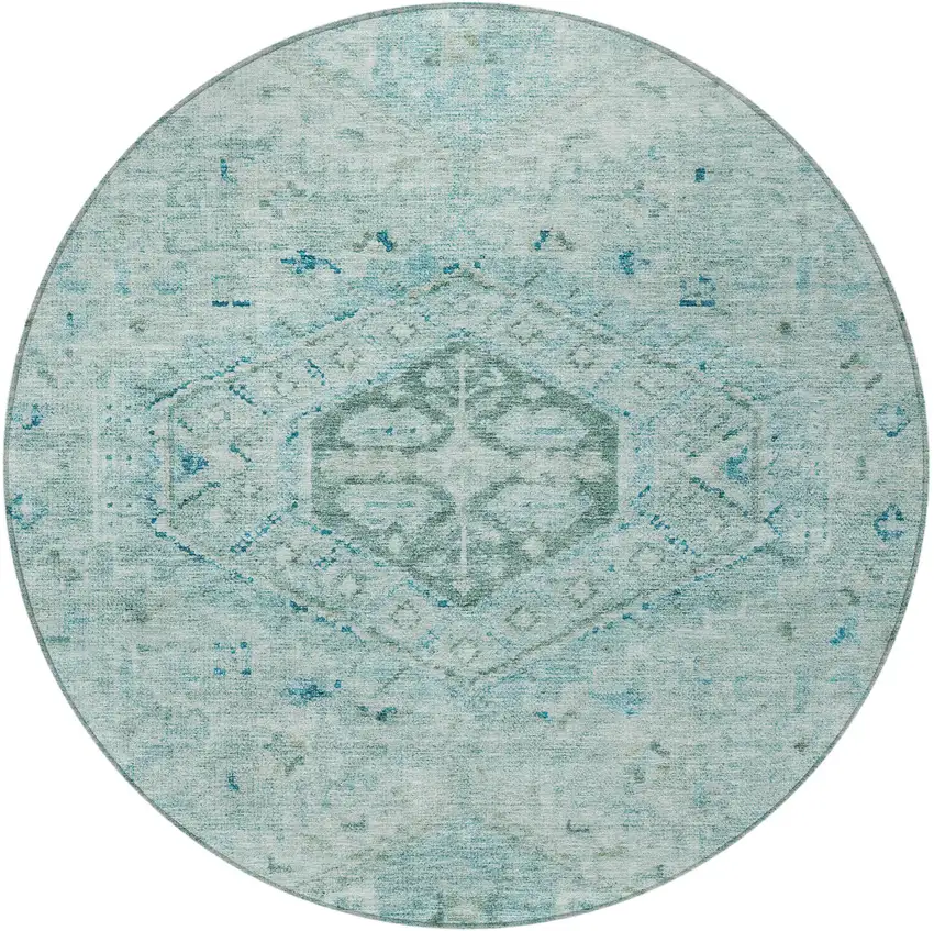 8' Aqua And Teal Blue Round Medallion Washable Indoor Outdoor Area Rug Photo 3