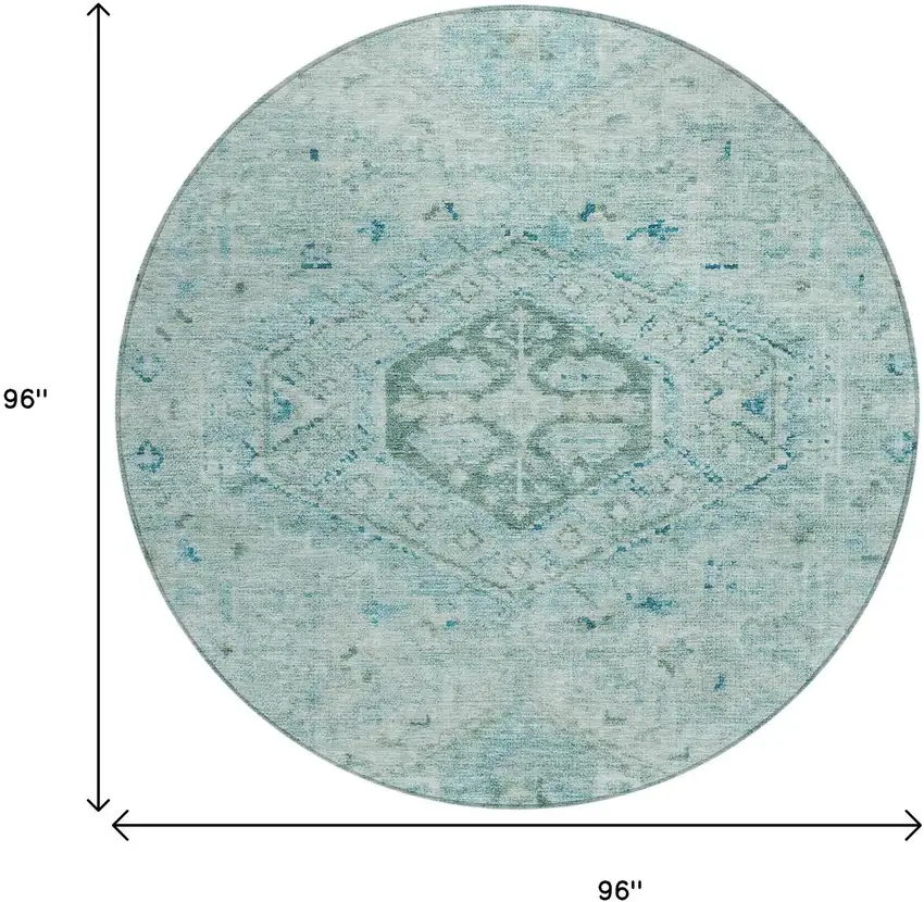 8' Aqua And Teal Blue Round Medallion Washable Indoor Outdoor Area Rug Photo 3