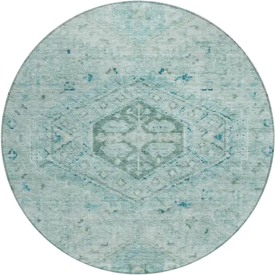 8' Aqua And Teal Blue Round Medallion Washable Indoor Outdoor Area Rug Photo 1
