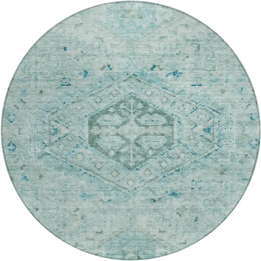 8' Aqua And Teal Blue Round Medallion Washable Indoor Outdoor Area Rug Photo 1
