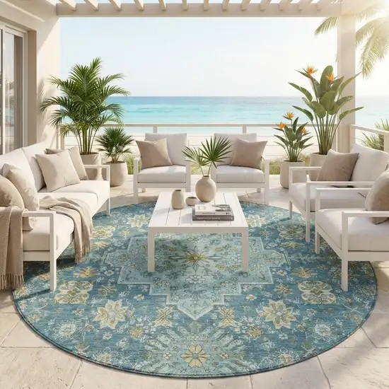 8' Aqua And Teal Blue Round Oriental Washable Indoor Outdoor Area Rug Photo 1