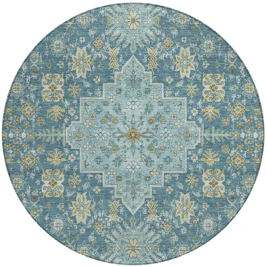 8' Aqua And Teal Blue Round Oriental Washable Indoor Outdoor Area Rug Photo 2