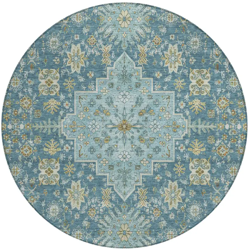 8' Aqua And Teal Blue Round Oriental Washable Indoor Outdoor Area Rug Photo 2