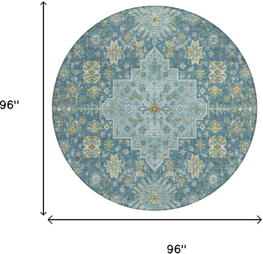8' Aqua And Teal Blue Round Oriental Washable Indoor Outdoor Area Rug Photo 5