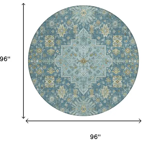 8' Aqua And Teal Blue Round Oriental Washable Indoor Outdoor Area Rug Photo 5