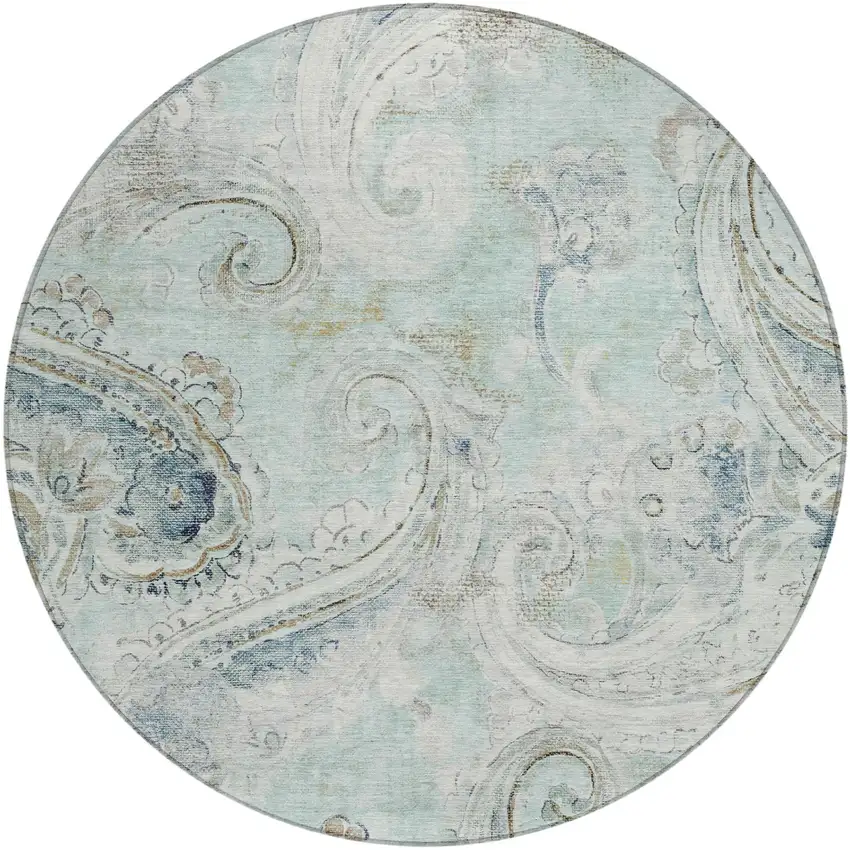 8' Aqua And Teal Blue Round Paisley Washable Indoor Outdoor Area Rug Photo 2