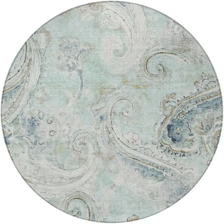 8' Aqua And Teal Blue Round Paisley Washable Indoor Outdoor Area Rug Photo 3