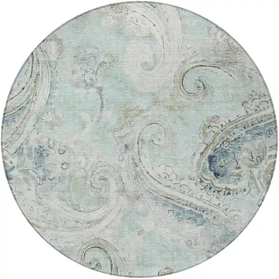 8' Aqua And Teal Blue Round Paisley Washable Indoor Outdoor Area Rug Photo 3