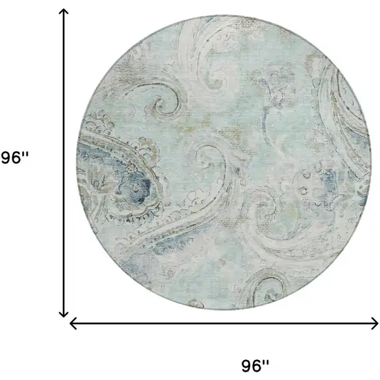 8' Aqua And Teal Blue Round Paisley Washable Indoor Outdoor Area Rug Photo 6