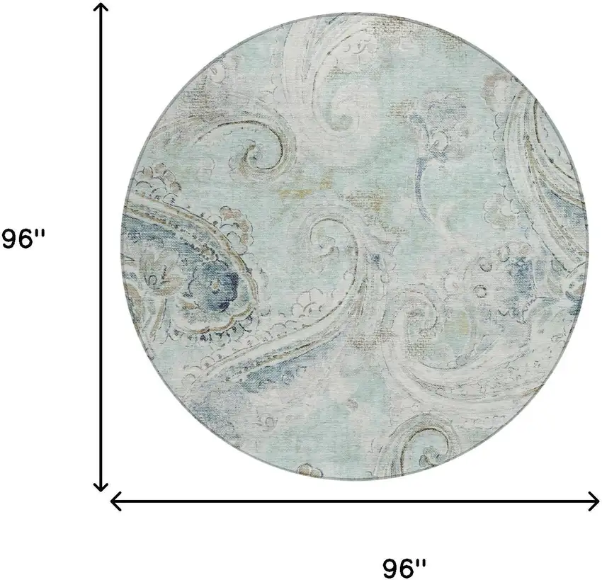 8' Aqua And Teal Blue Round Paisley Washable Indoor Outdoor Area Rug Photo 6