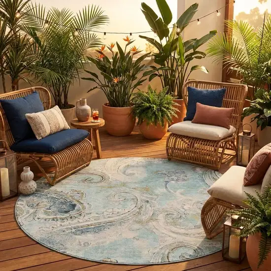 8' Aqua And Teal Blue Round Paisley Washable Indoor Outdoor Area Rug Photo 1