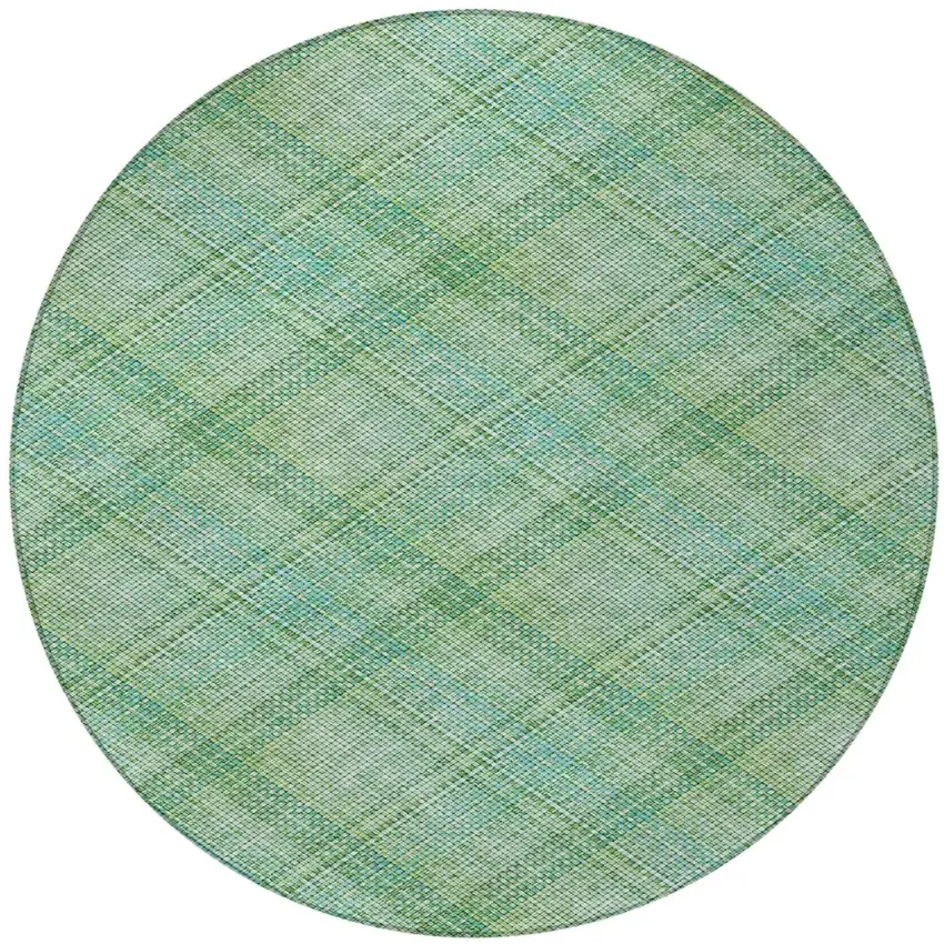 8' Aqua And Teal Blue Round Plaid Washable Indoor Outdoor Area Rug Photo 3