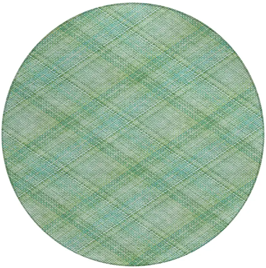 8' Aqua And Teal Blue Round Plaid Washable Indoor Outdoor Area Rug Photo 2