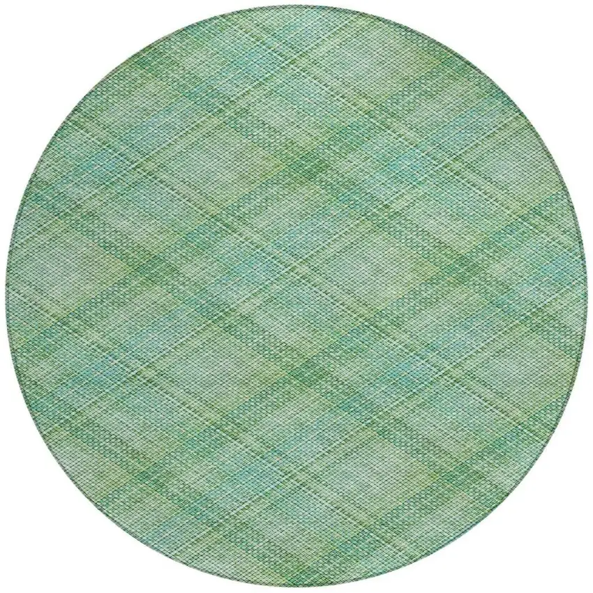 8' Aqua And Teal Blue Round Plaid Washable Indoor Outdoor Area Rug Photo 1