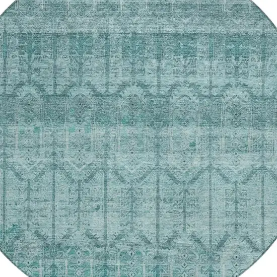 8' Aqua And Teal Blue Round Tribal Washable Indoor Outdoor Area Rug Photo 3