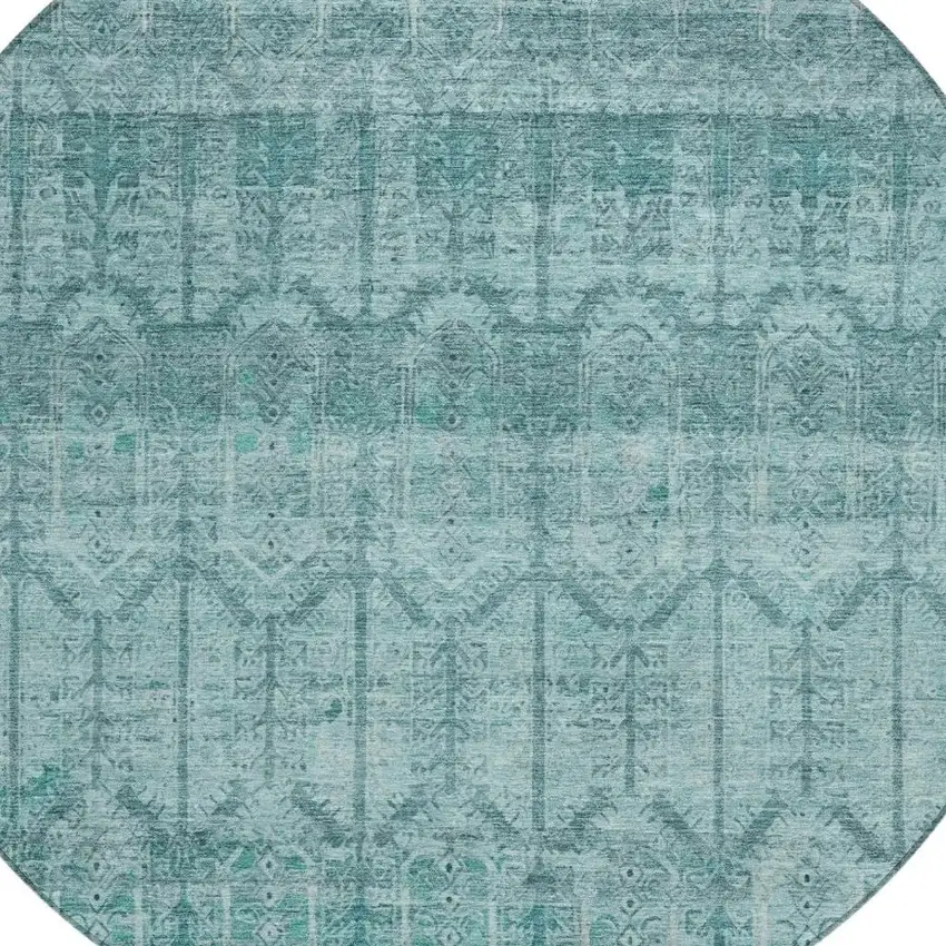 8' Aqua And Teal Blue Round Tribal Washable Indoor Outdoor Area Rug Photo 3