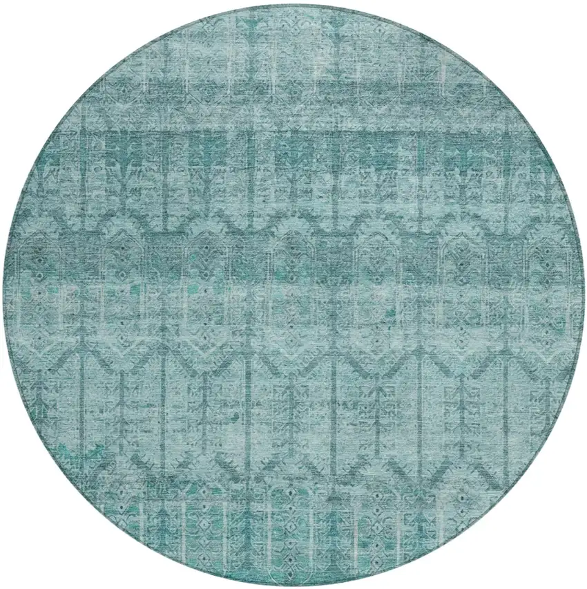 8' Aqua And Teal Blue Round Tribal Washable Indoor Outdoor Area Rug Photo 2