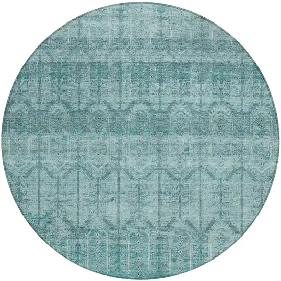 8' Aqua And Teal Blue Round Tribal Washable Indoor Outdoor Area Rug Photo 2