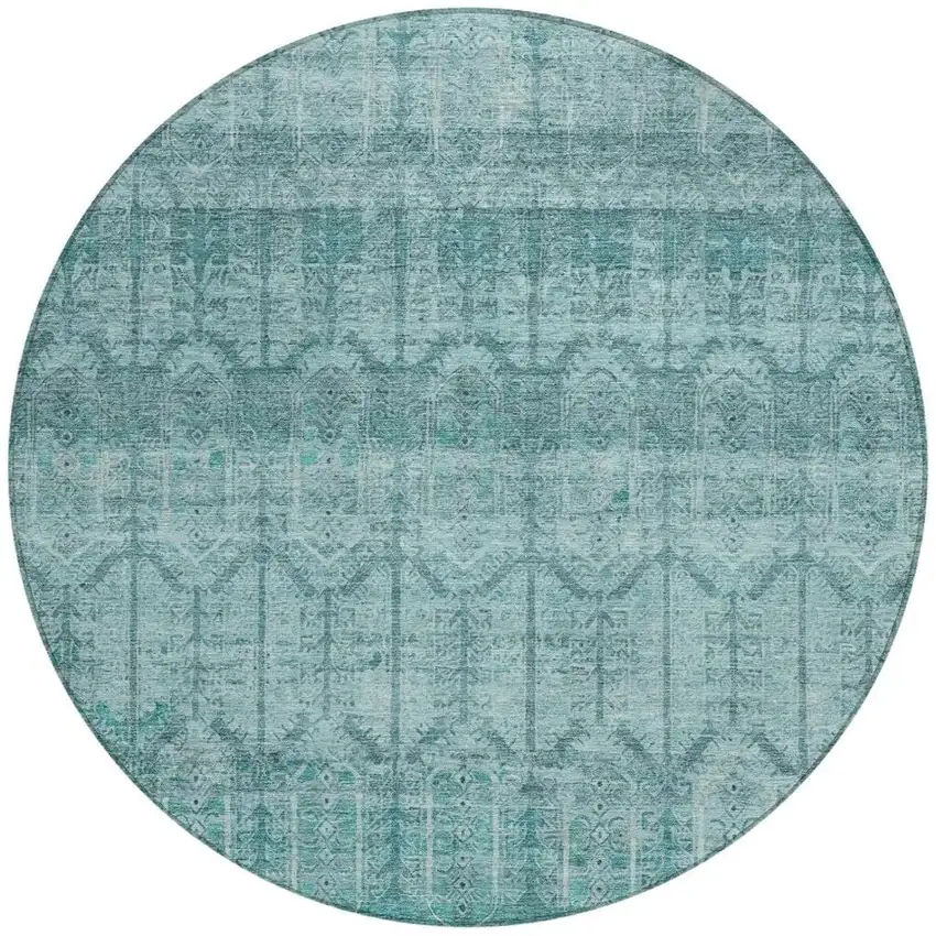 8' Aqua And Teal Blue Round Tribal Washable Indoor Outdoor Area Rug Photo 4