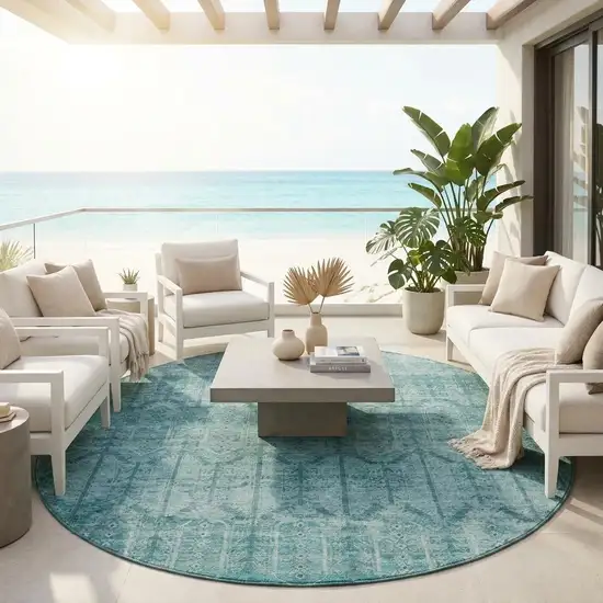 8' Aqua And Teal Blue Round Tribal Washable Indoor Outdoor Area Rug Photo 1
