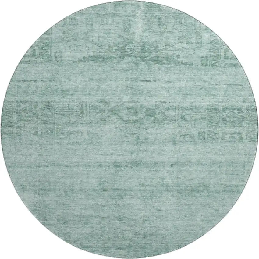 8' Aqua And Teal Oriental Washable Round Rug With UV Protection Photo 1