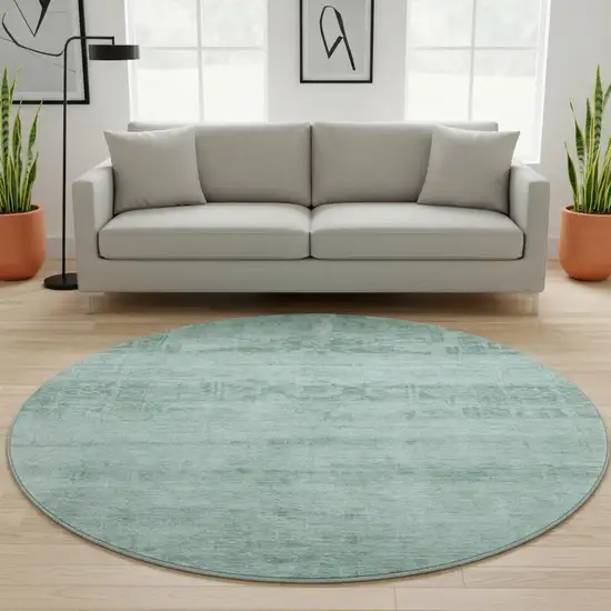 8' Aqua And Teal Oriental Washable Round Rug With UV Protection Photo 2