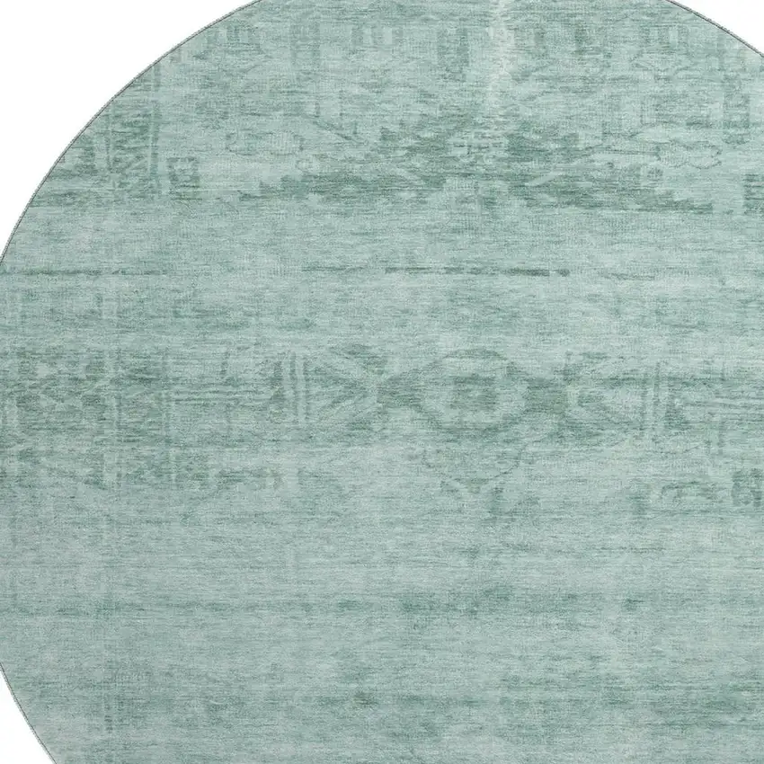8' Aqua And Teal Oriental Washable Round Rug With UV Protection Photo 3