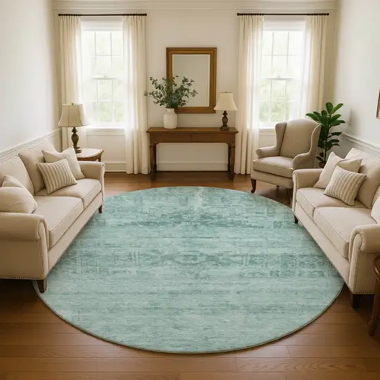 8' Aqua And Teal Oriental Washable Round Rug With UV Protection Photo 4