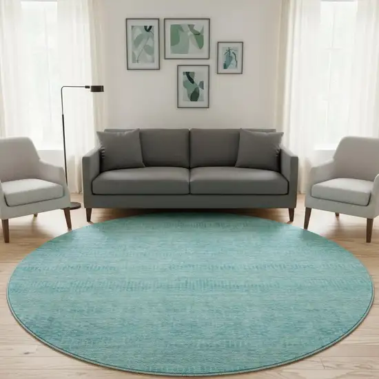 8' Aqua And Teal Striped Washable Round Rug With UV Protection Photo 2