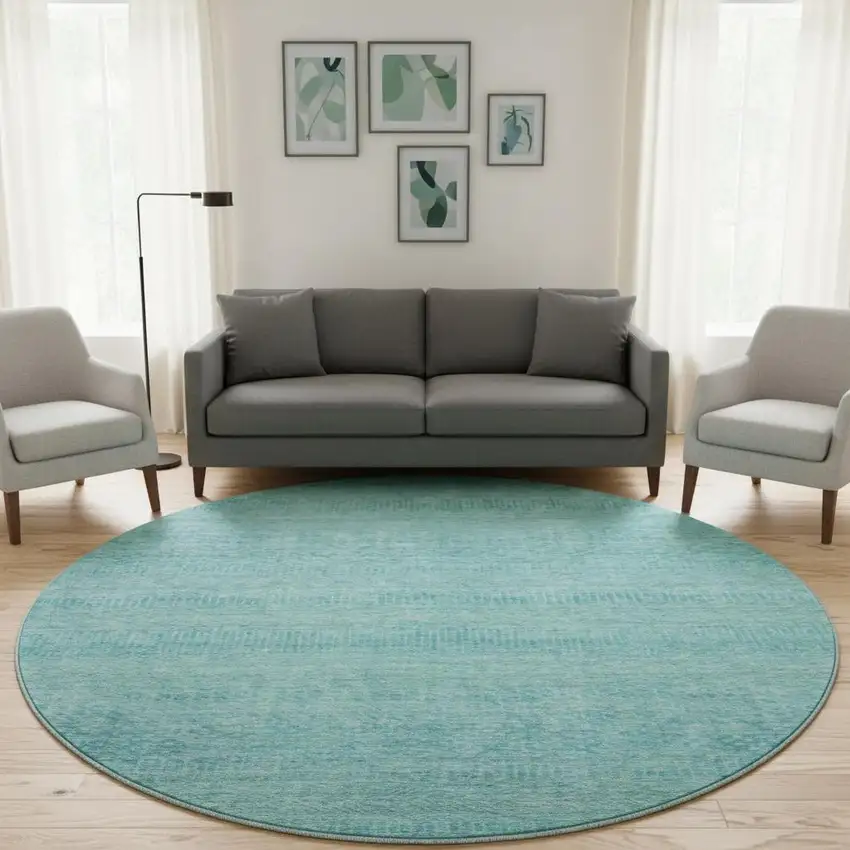 8' Aqua And Teal Striped Washable Round Rug With UV Protection Photo 2