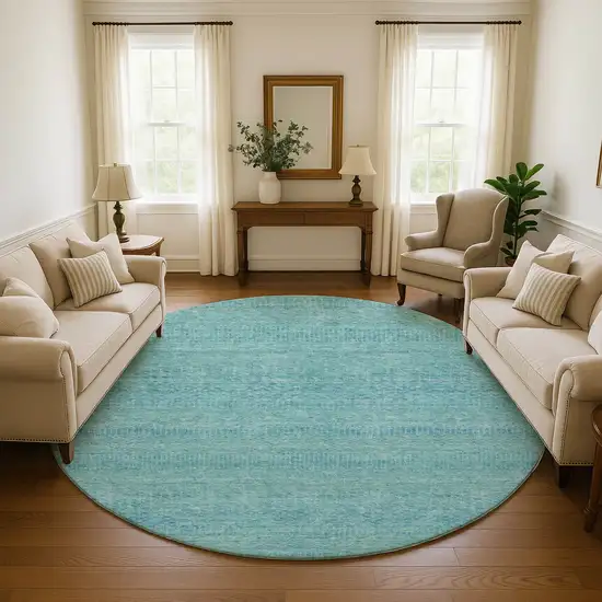 8' Aqua And Teal Striped Washable Round Rug With UV Protection Photo 3
