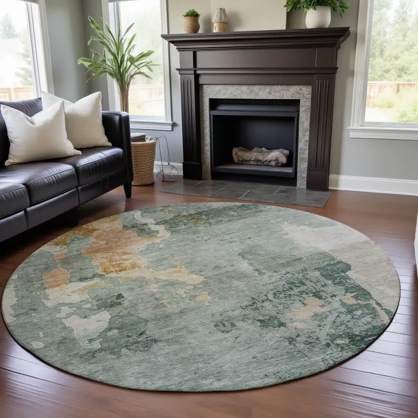 8' Aqua And Wheat Abstract Washable Round Rug With UV Protection Photo 4