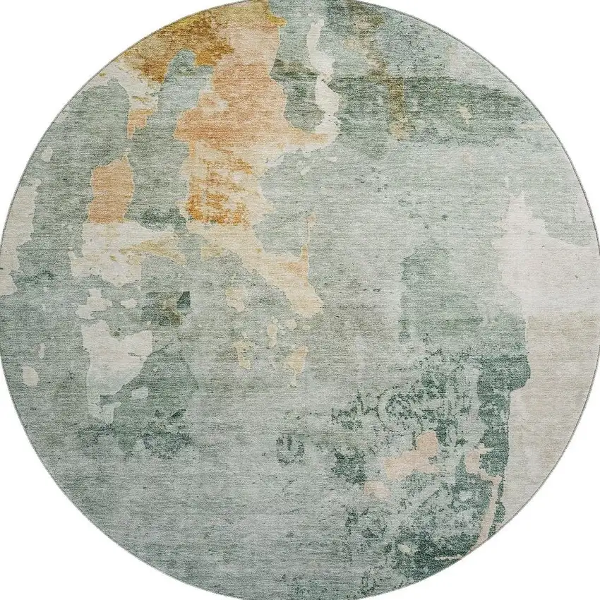 8' Aqua And Wheat Abstract Washable Round Rug With UV Protection Photo 3