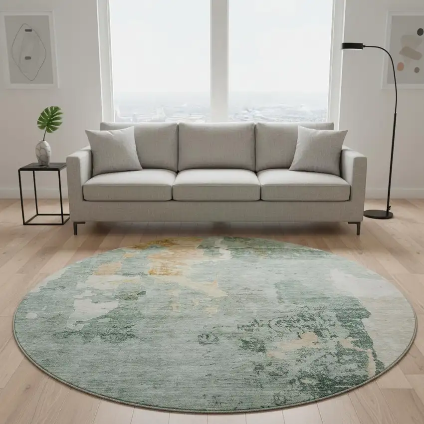 8' Aqua And Wheat Abstract Washable Round Rug With UV Protection Photo 2