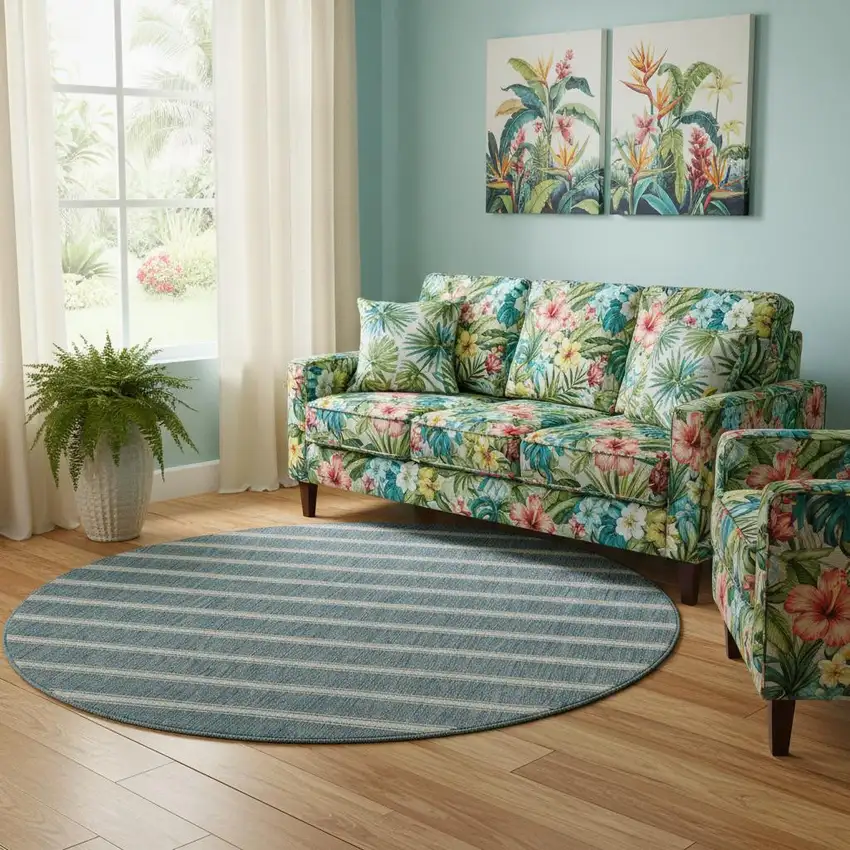 8' Aqua And White Geometric Round Rug Photo 1