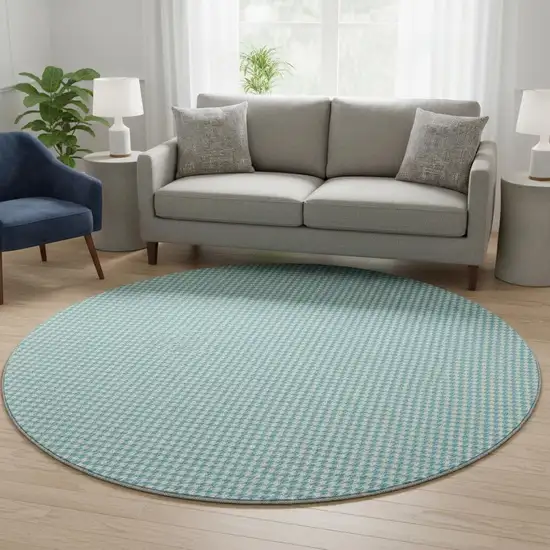 8' Aqua And White Houndstooth Washable Round Rug With UV Protection Photo 1