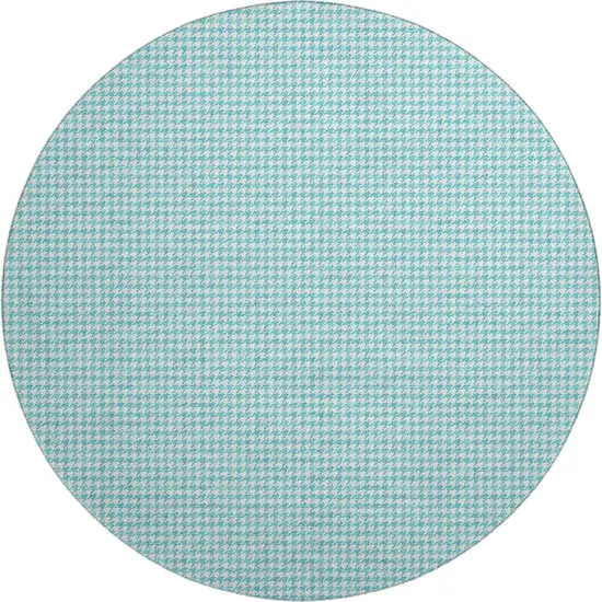 8' Aqua And White Houndstooth Washable Round Rug With UV Protection Photo 2