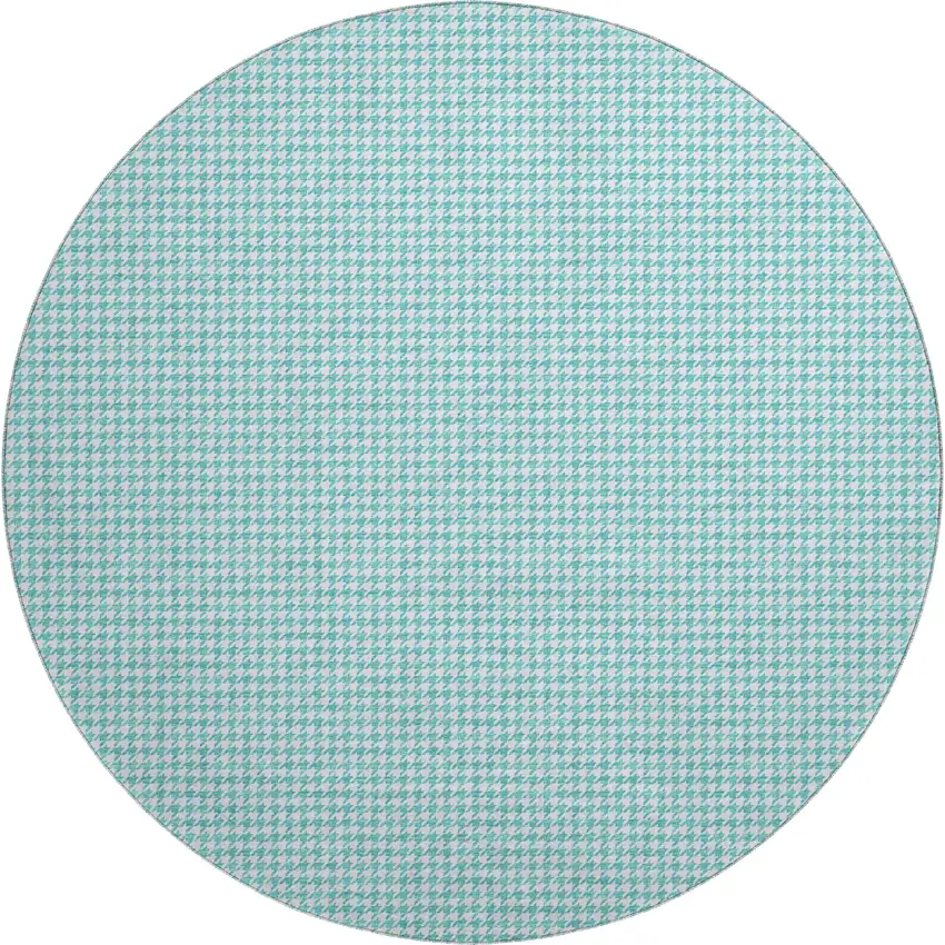 8' Aqua And White Houndstooth Washable Round Rug With UV Protection Photo 2