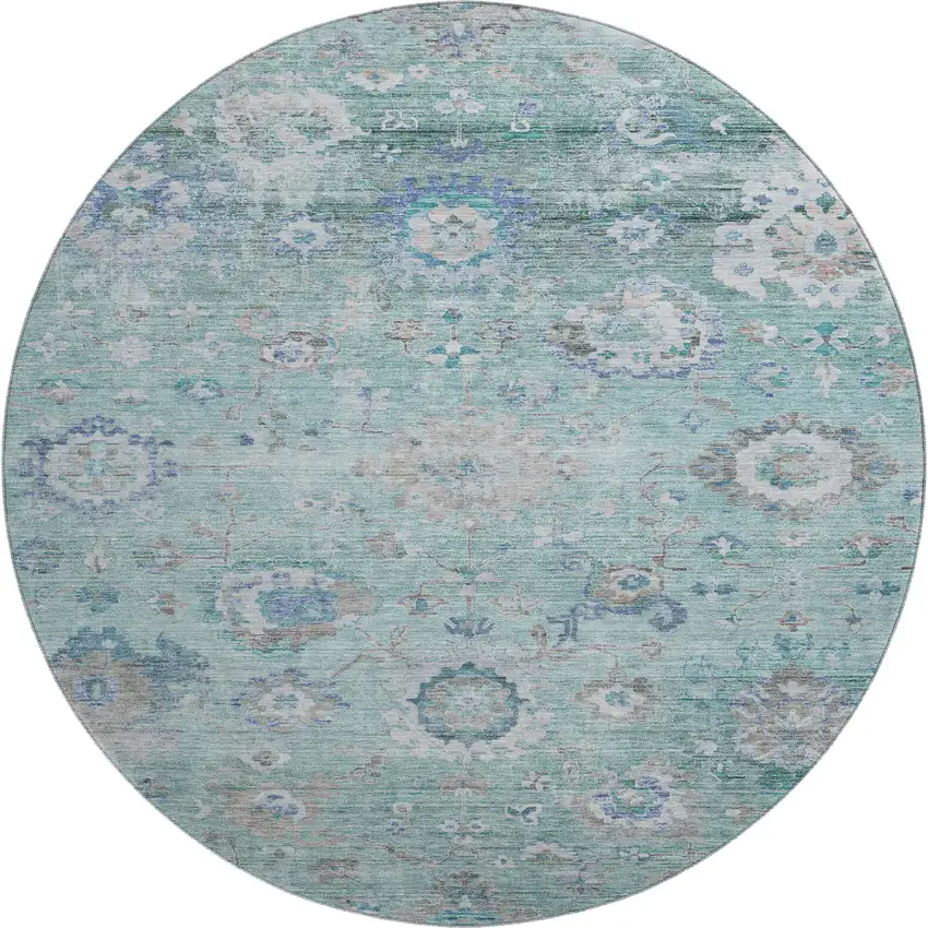8' Aqua Beige And Taupe Floral Washable Round Rug With UV Protection Photo 1