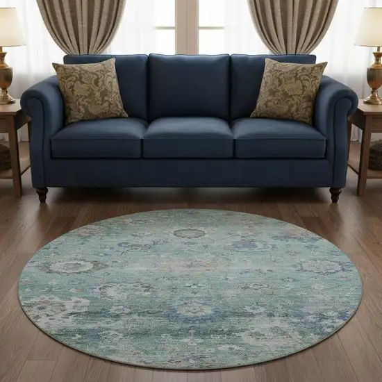 8' Aqua Beige And Taupe Floral Washable Round Rug With UV Protection Photo 2