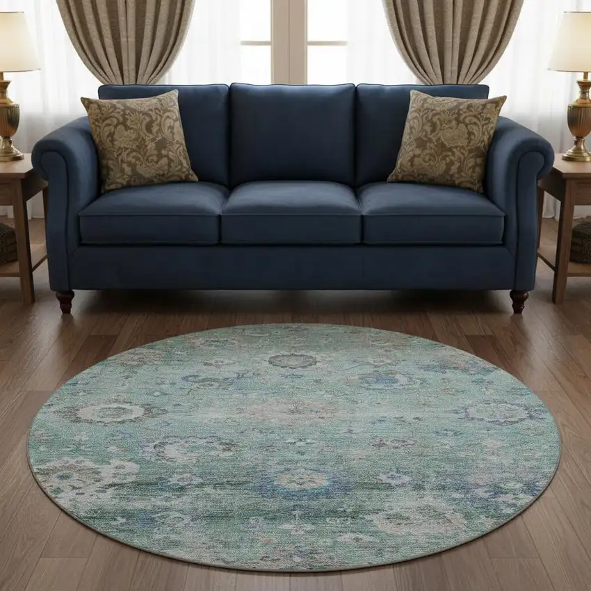 8' Aqua Beige And Taupe Floral Washable Round Rug With UV Protection Photo 2