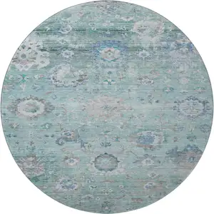 Photo of 8' Aqua Beige And Taupe Floral Washable Round Rug With UV Protection