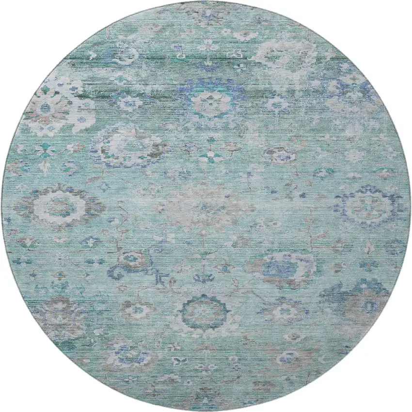 8' Aqua Beige And Taupe Floral Washable Round Rug With UV Protection Photo 3