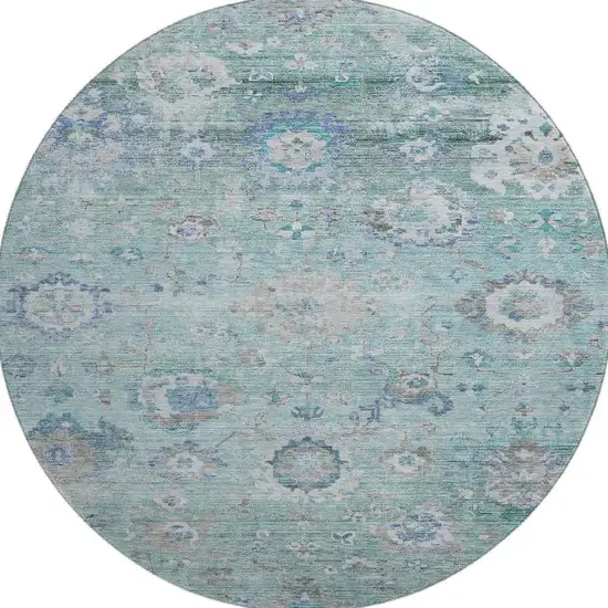 8' Aqua Beige And Taupe Floral Washable Round Rug With UV Protection Photo 2