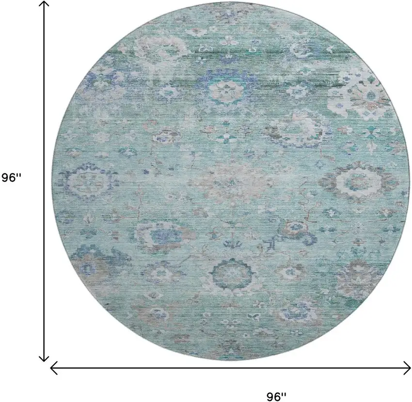 8' Aqua Beige And Taupe Floral Washable Round Rug With UV Protection Photo 9