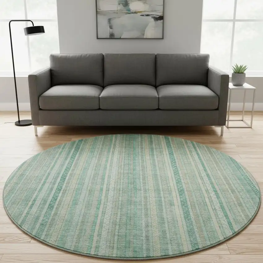 8' Aqua Beige And Teal Striped Washable Round Rug With UV Protection Photo 2