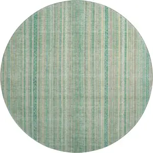 Photo of 8' Aqua Beige And Teal Striped Washable Round Rug With UV Protection