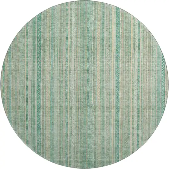8' Aqua Beige And Teal Striped Washable Round Rug With UV Protection Photo 1