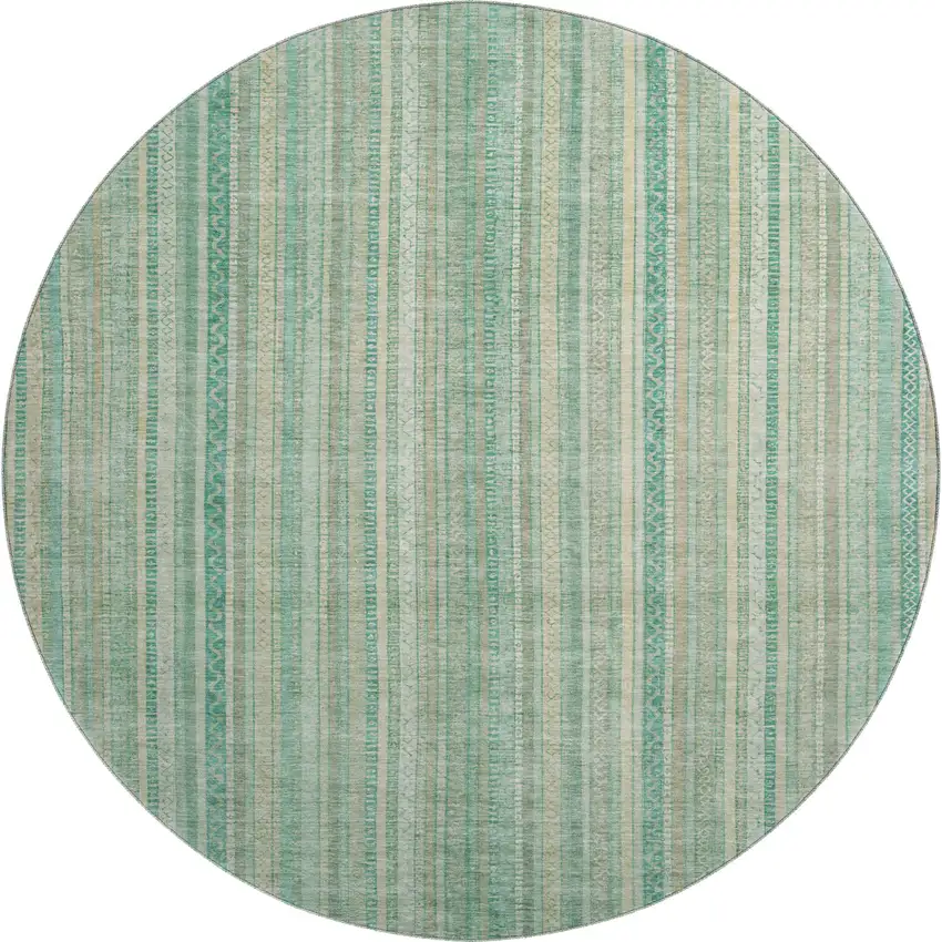 8' Aqua Beige And Teal Striped Washable Round Rug With UV Protection Photo 1